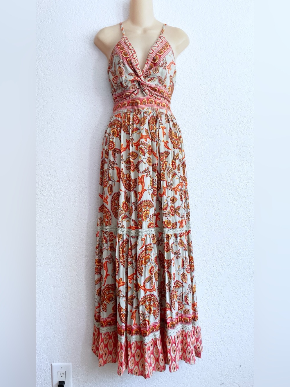 NWT Angie Boho Knot-Front Maxi Dress Cream Orange Large Hippie Earthy Gypsy